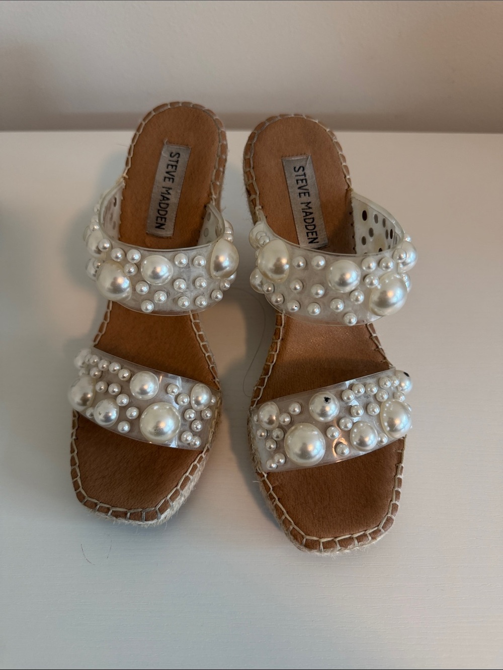 Steve Madden White Pearl-Embellished Double-Strap Slide Sandals